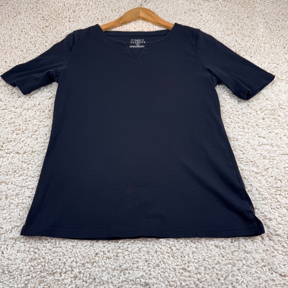 Talbots T-Shirt Women Petite Medium Black Excellent Pima Cotton Split Neck Tee